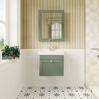 Classic Traditional Wall Hung 1 Drawer Vanity Unit with 1 Tap Hole Fireclay Basin, 500mm - Satin Green - Balterley