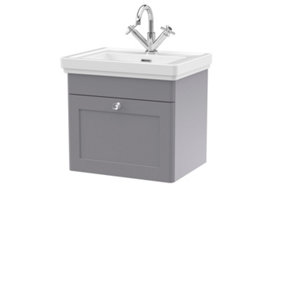 Classic Traditional Wall Hung 1 Drawer Vanity Unit with 1 Tap Hole Fireclay Basin, 500mm - Satin Grey - Balterley