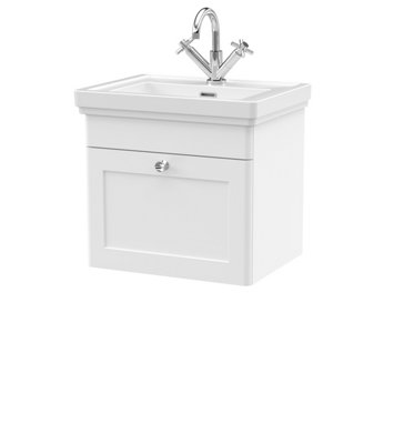 Classic Traditional Wall Hung 1 Drawer Vanity Unit with 1 Tap Hole Fireclay Basin, 500mm - Satin White - Balterley