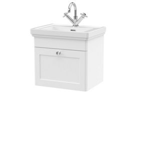 Classic Traditional Wall Hung 1 Drawer Vanity Unit with 1 Tap Hole Fireclay Basin, 500mm - Satin White - Balterley