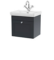 Classic Traditional Wall Hung 1 Drawer Vanity Unit with 1 Tap Hole Fireclay Basin, 500mm - Soft Black - Balterley