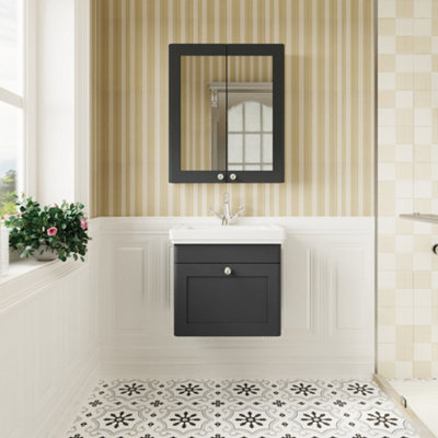 Classic Traditional Wall Hung 1 Drawer Vanity Unit with 1 Tap Hole Fireclay Basin, 500mm - Soft Black - Balterley