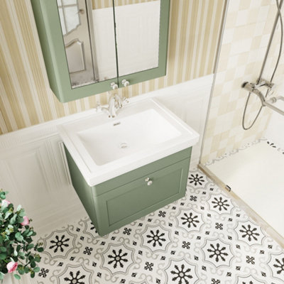 Classic Traditional Wall Hung 1 Drawer Vanity Unit with 1 Tap Hole Fireclay Basin, 600mm - Satin Green - Balterley