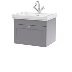 Classic Traditional Wall Hung 1 Drawer Vanity Unit with 1 Tap Hole Fireclay Basin, 600mm - Satin Grey - Balterley