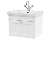 Classic Traditional Wall Hung 1 Drawer Vanity Unit with 1 Tap Hole Fireclay Basin, 600mm - Satin White - Balterley