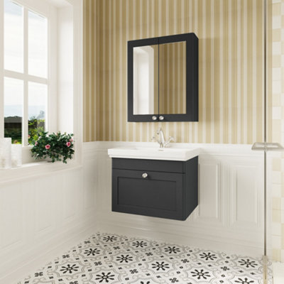 Classic Traditional Wall Hung 1 Drawer Vanity Unit with 1 Tap Hole Fireclay Basin, 600mm - Soft Black - Balterley