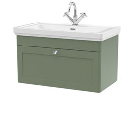 Classic Traditional Wall Hung 1 Drawer Vanity Unit with 1 Tap Hole Fireclay Basin, 800mm - Satin Green - Balterley