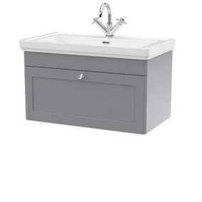 Classic Traditional Wall Hung 1 Drawer Vanity Unit with 1 Tap Hole Fireclay Basin, 800mm - Satin Grey - Balterley