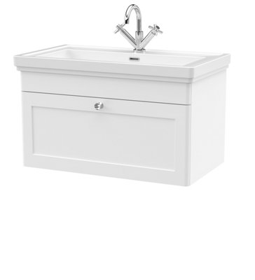 Classic Traditional Wall Hung 1 Drawer Vanity Unit with 1 Tap Hole Fireclay Basin, 800mm - Satin White - Balterley