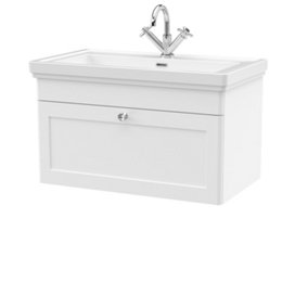 Classic Traditional Wall Hung 1 Drawer Vanity Unit with 1 Tap Hole Fireclay Basin, 800mm - Satin White - Balterley