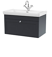 Classic Traditional Wall Hung 1 Drawer Vanity Unit with 1 Tap Hole Fireclay Basin, 800mm - Soft Black - Balterley