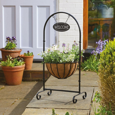 Classic Welcome Planter with Steel Frame, Hanging Sign, Basket & Liner - Home or Garden Plant Pot Decoration - H80 x W39 x D31cm