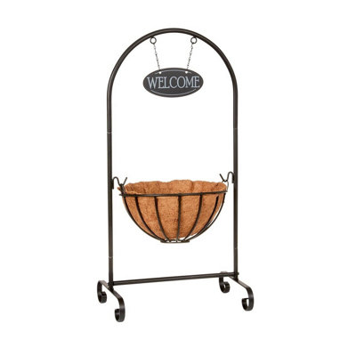Classic Welcome Planter with Steel Frame, Hanging Sign, Basket & Liner - Home or Garden Plant Pot Decoration - H80 x W39 x D31cm