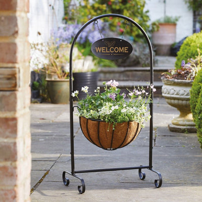 Classic Welcome Planter with Steel Frame, Hanging Sign, Basket & Liner - Home or Garden Plant Pot Decoration - H92 x W46 x D36cm