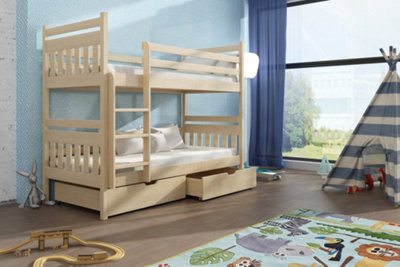 Classic Wooden Bunk Bed with Storage & Foam/Bonnell Mattresses In Pine Oak - Timeless & Spacious (H1640mm x W1980mm x D980mm)