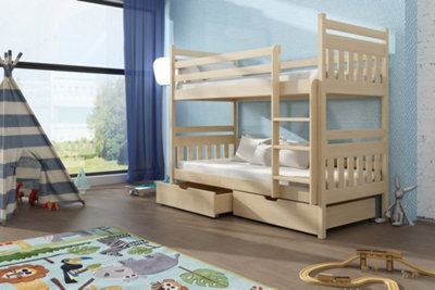 Classic Wooden Bunk Bed with Storage & Foam/Bonnell Mattresses In Pine Oak - Timeless & Spacious (H1640mm x W1980mm x D980mm)