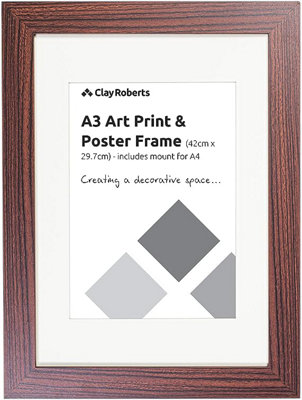Clay Roberts A3 Frame, Brown, Photo, Poster, Art Print Frame, Includes Mount for A4 Prints, Wall