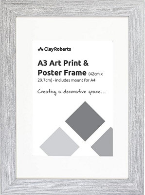 Clay Roberts A3 Frame, Light Grey, Photo, Poster, Art Print Frame, Includes Mount for A4 Prints, Wall Mountable, Picture Frames