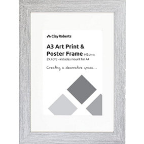 Clay Roberts A3 Frame, Light Grey, Photo, Poster, Art Print Frame, Includes Mount for A4 Prints, Wall Mountable, Picture Frames