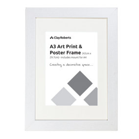 Clay Roberts A3 Frame, White, Photo, Poster, Art Print Frame, Includes Mount for A4 Prints, Wall Mountable, Picture Frames