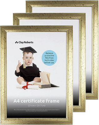 Clay Roberts A4 Frame, Photo Frame, Gold A4, Pack of 3, Picture Frame, Certificate Frame, Art Print Poster Frame, Freestanding and