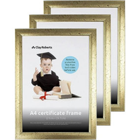 Clay Roberts A4 Frame, Photo Frame, Gold A4, Pack of 3, Picture Frame, Certificate Frame, Art Print Poster Frame, Freestanding and