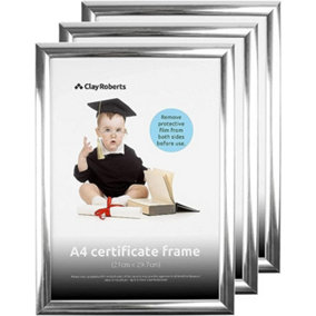 Clay Roberts A4 Frame, Photo Frame, Silver A4, Pack of 3, Picture Frame, Certificate Frame, Art Print Poster Frame, Freestanding a