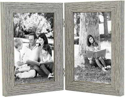 Clay Roberts Double Photo Picture Frame 6 x 4, Light Grey, Holds 2 Standard  Photographs, Freestanding, Twin Hinged 6x4 10 x 15 cm