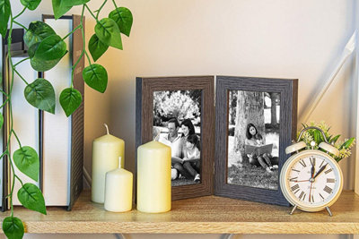 Clay Roberts Double Photo Picture Frame 6 x 4, Dark Grey, Holds 2 Standard Photographs, Freestanding, Twin Hinged 6x4" 10 x 15 cm
