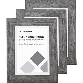 Clay Roberts Photo Picture Frames 7 x 5, Dark Grey, Pack of 3, Includes Mount for 6 x 4 Prints, Freestanding and Wall Mountable, 7