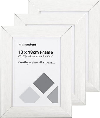 Clay Roberts Photo Picture Frames 7 x 5, White, Pack of 3, Includes Mount for 6 x 4 Prints, Freestanding and Wall Mountable, 7x5"