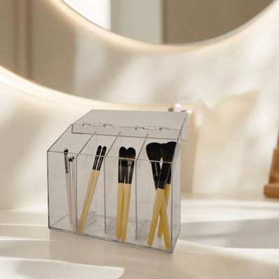 Clear Acrylic Make Up Brush Holder With Lid 4 Compartment Cosmetic Tidy 25cm
