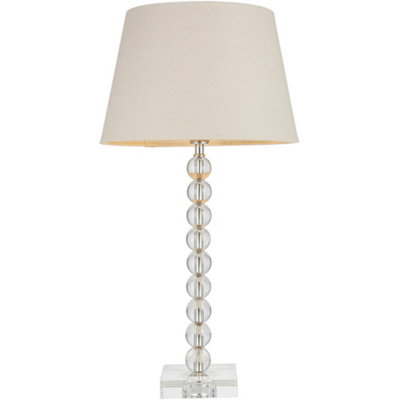 Clear Crystal Glass & Bright Nickel Plate Table Lamp - Grey Fabric Shade - 590mm Tall Light - 7W LED E14