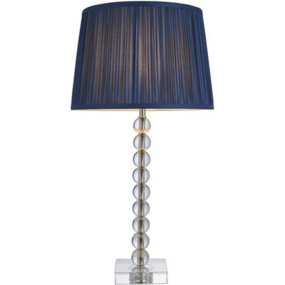 Clear Crystal Glass & Bright Nickel Plate Table Lamp - Midnight Blue Silk Shade - 595mm Tall Light - 7W LED E14