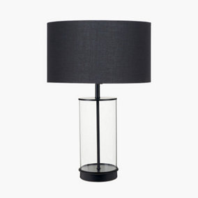Clear Glass and Black Metal Table Lamp with Harry 35cm Black Poly Cotton Cylinder Drum Shade