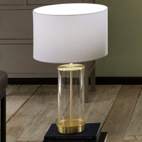 Clear Glass and Champagne Metal Table Lamp with  Ivory Poly Cotton Cylinder Drum Shade