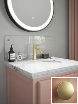 Clear Glass Bathroom Splashback Brushed Brass Cap Backsplash Wall Panel (W) 600mm x (L) 250mm