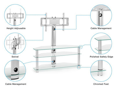 Clear Glass TV Stand with Mount Swivel Bracket for 32 40 42 49 50 55 60 65 inch 4K Flat Screen TV'S