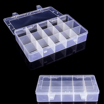 Clear Plastic Storage Box with Adjustable Divider, 15 Grids