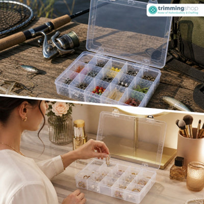 Clear Plastic Storage Box with Adjustable Divider, 15 Grids