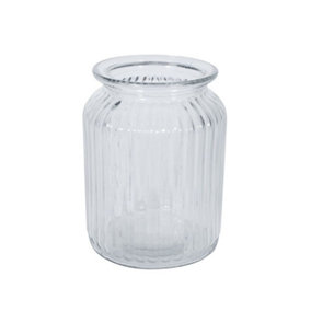 Clear Ribbed Glass Jar Vase, Ideal for Small Bouquets. Height 14.5 cm
