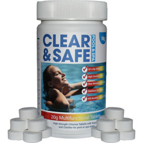 Clear & Safe 1kg 20g 5 in 1 Multifunction Chlorine Tablets for Pool, Spas & Hot Tubs