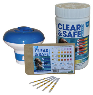Clear & Safe 50x20g Chlorine Tablets Pool Hot Tub Spa + Dispenser + Testing strips