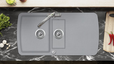 Clearwater Composite Granite Quarex Gemini 1.5 & Bowl Drainer Ash Grey Inset Kitchen Sink - GEMD150SAH