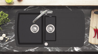 Clearwater Composite Granite Quarex Gemini 1.5 & Bowl Drainer Jet Black Inset Kitchen Sink - GEMD150SJT