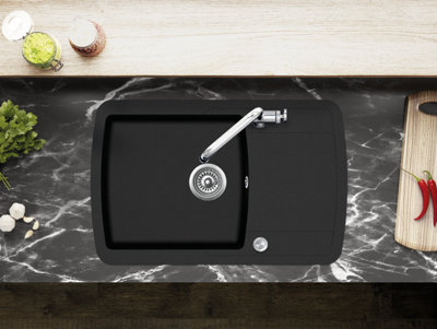 Clearwater Composite Granite Quarex Gemini 1 Bowl & Drainer Jet Black Inset Kitchen Sink - GEMD100SJT