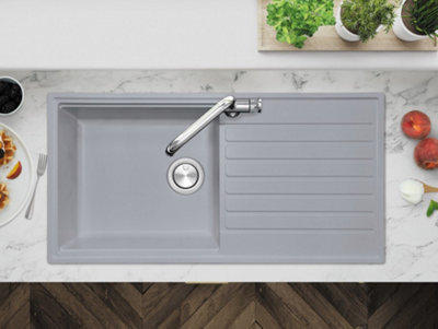 Clearwater Composite Granite Quarex Kameo Smart Single Bowl & Drainer Ash Inset Kitchen Sink - KAMD100LAH