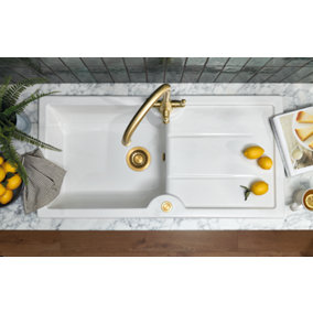 Clearwater Harmony Ceramic White Kitchen Sink 1 Bowl & Drainer - Reversible - HAR1010WH+WP10AB