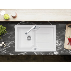 Clearwater Harmony Ceramic White Small Compact Kitchen Sink 1 Bowl & Drainer - Reversible - HAR7810WH