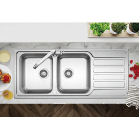 Clearwater Indio 2 Bowl and Drainer Stainless Steel Sink 1160x500mm
